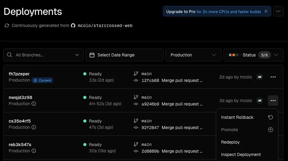 A screenshot of the Vercel deployments page, showing a list of recent Production deployments. There is a pop-out menu opened for one of the deployments showing the Instant Rollback option.